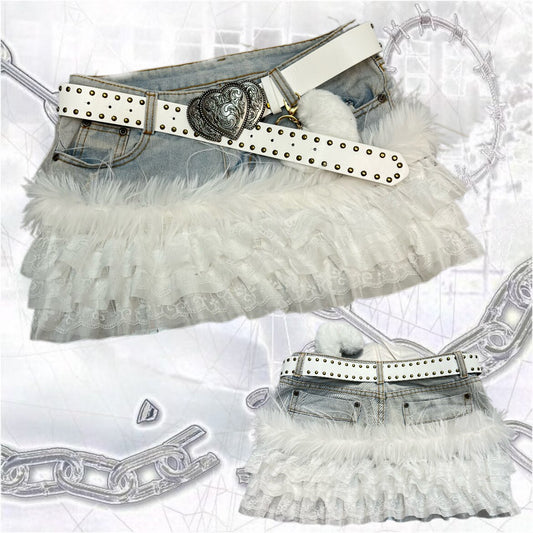 Y2K Lace Plush Denim Patchwork Mini Skirt