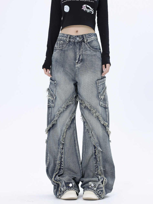 Grunge Splicing Raw Edge Baggy Jeans