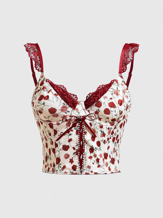 French Retro Rose Print Tank Top