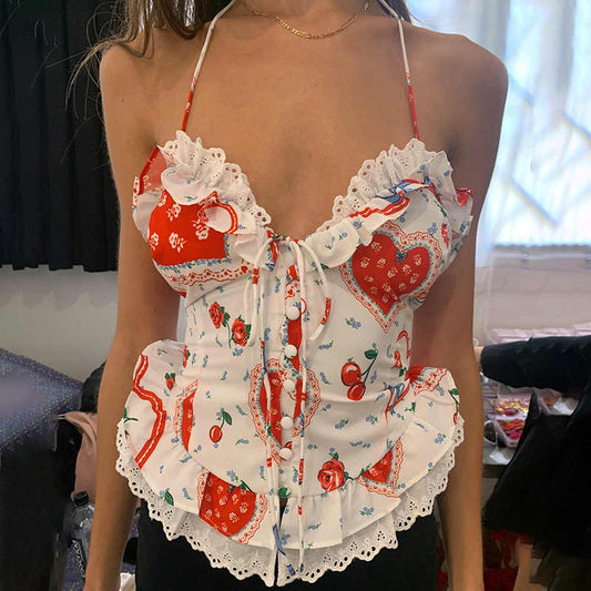 Red Heart Backless Lace Top