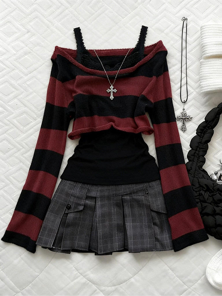red plaid goth long-sleeved off-shoulder top