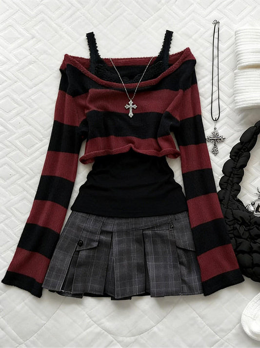 red plaid goth long-sleeved off-shoulder top
