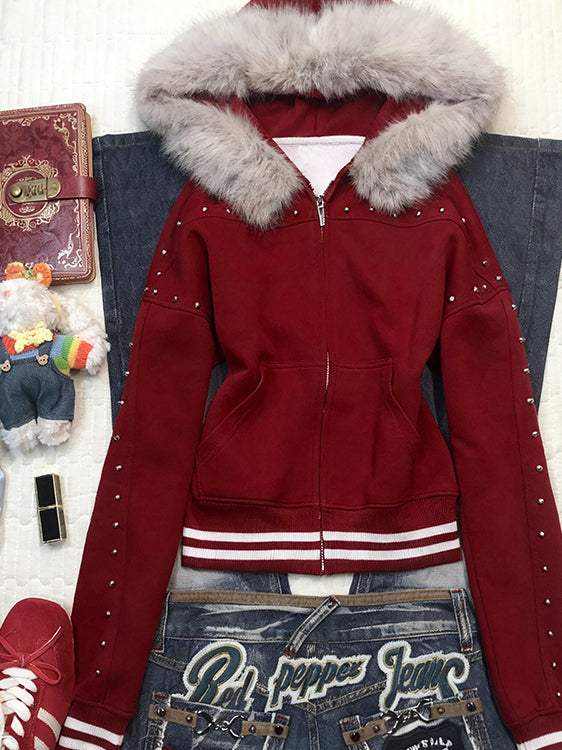 retro red plush collar hooded jacket