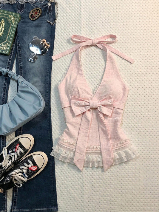 coquette lace bow halter top