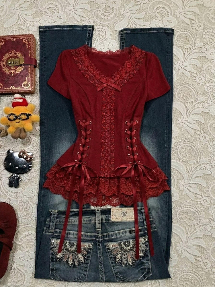 red straps bow shirt
