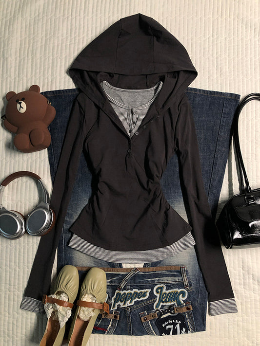 gray fake two-piece hooded sweatshirt