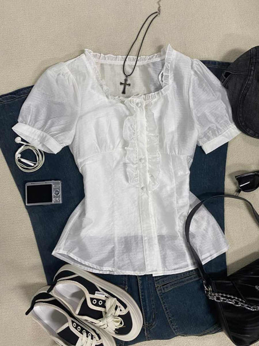 White Fungus-edged Square-neck Shirt