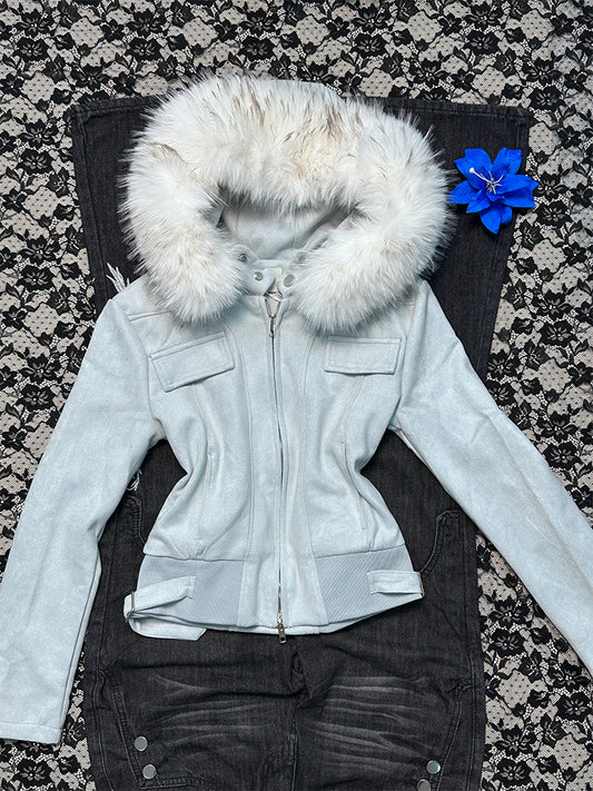 retro blue fur collar coat