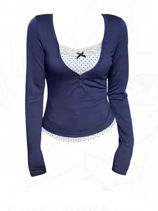 Coquette Bow Polka Dot Long-sleeved Top