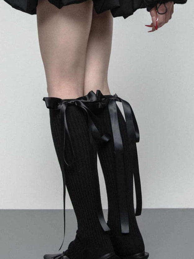 Dark Coquette Satin Ribbon Bow Calf Socks