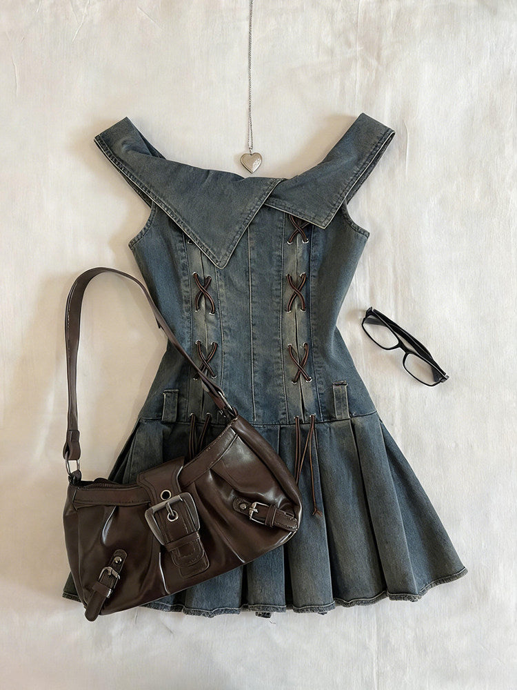retro denim straps pleated dress