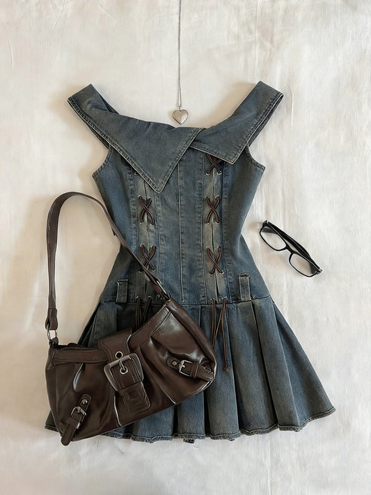 retro denim straps pleated dress