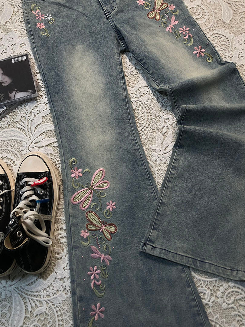 Blue Embroidered Slim-Fit Jeans