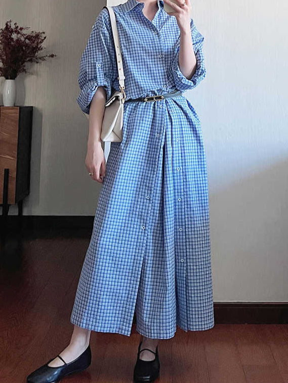 Retro Blue Plaid Lapel Shirt Dress