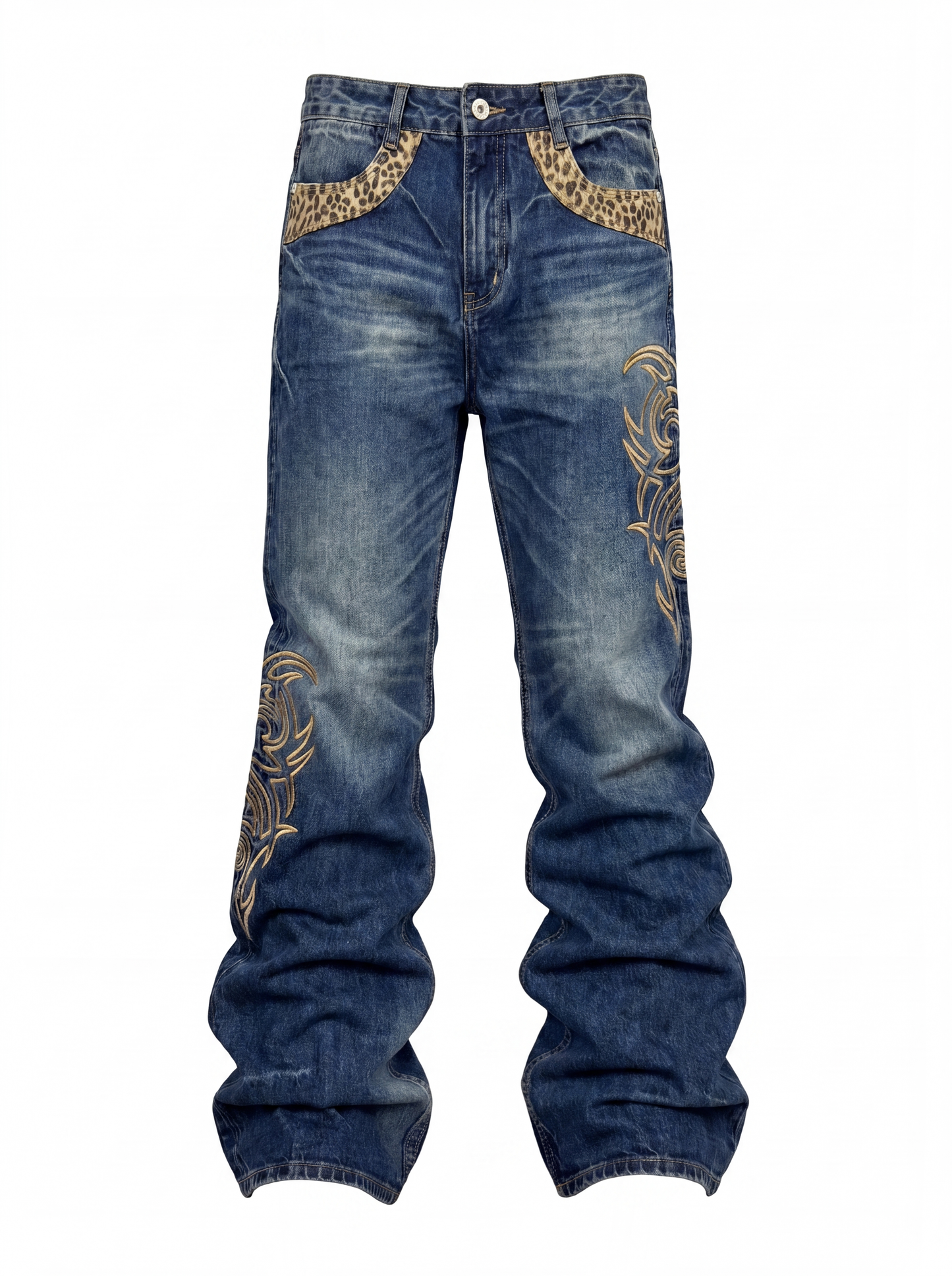 Leopard Patchwork Embroidered Straight-Leg Flare Jeans