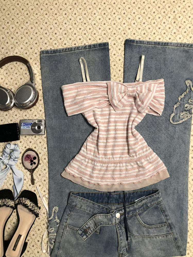 Pink Striped Sweet Off-Shoulder Top