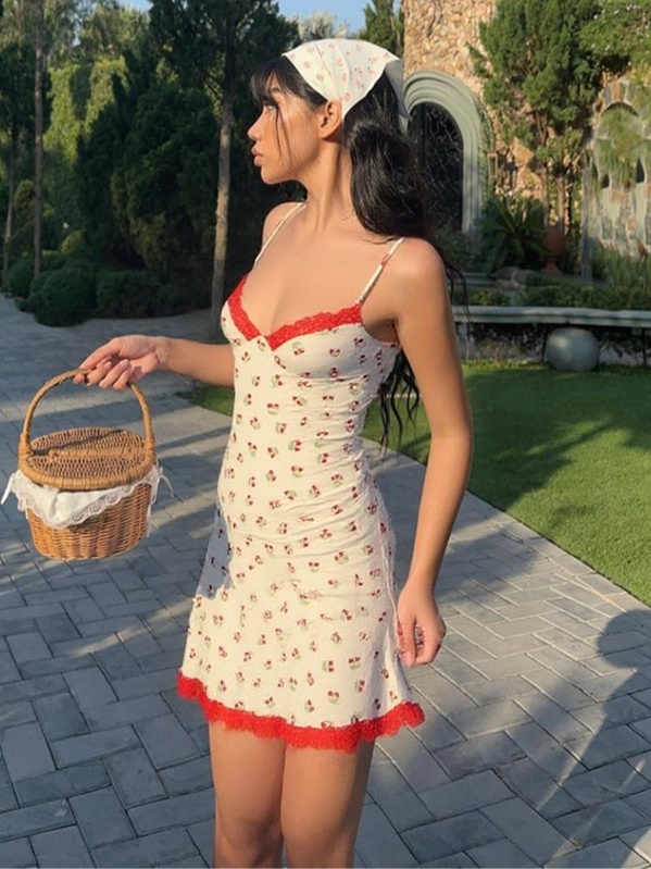 Lace Splicing Cherry Suspender Dress