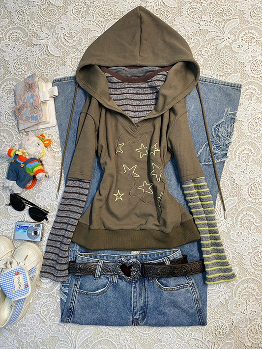 khaki hooded printed sweatshirt