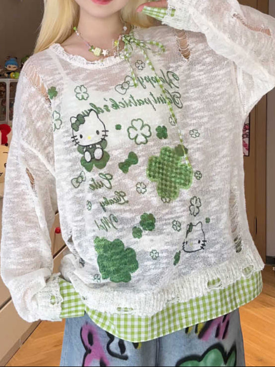 Plant Cartoon Plaid Long-sleeved Top