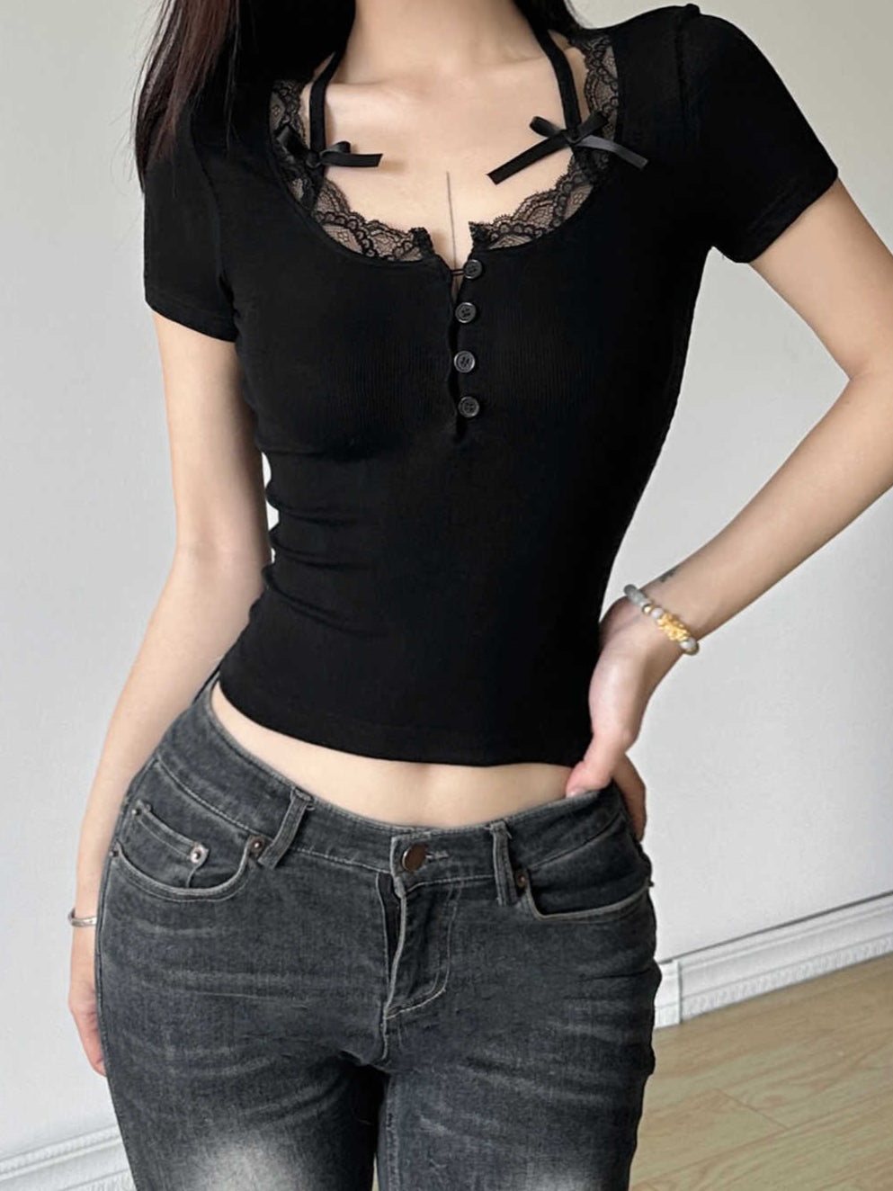 Bow Strap Lace Dark Coquette Shirt