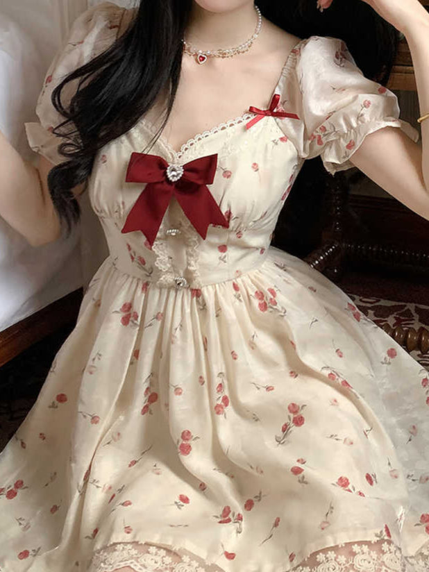 Red Bow Floral Lace Dress