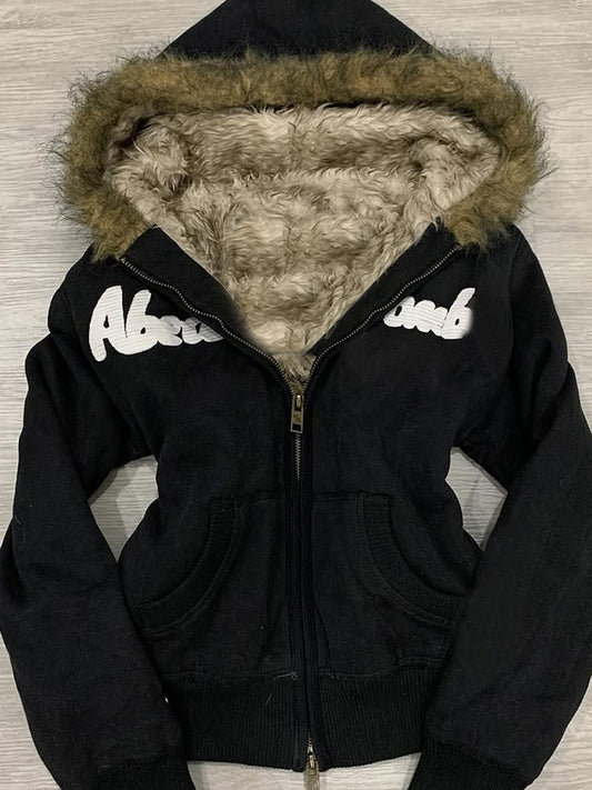 retro black fur collar hooded jacket