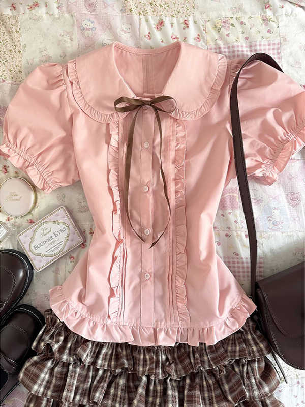 Vintage Pink Puff Sleeve Shirt