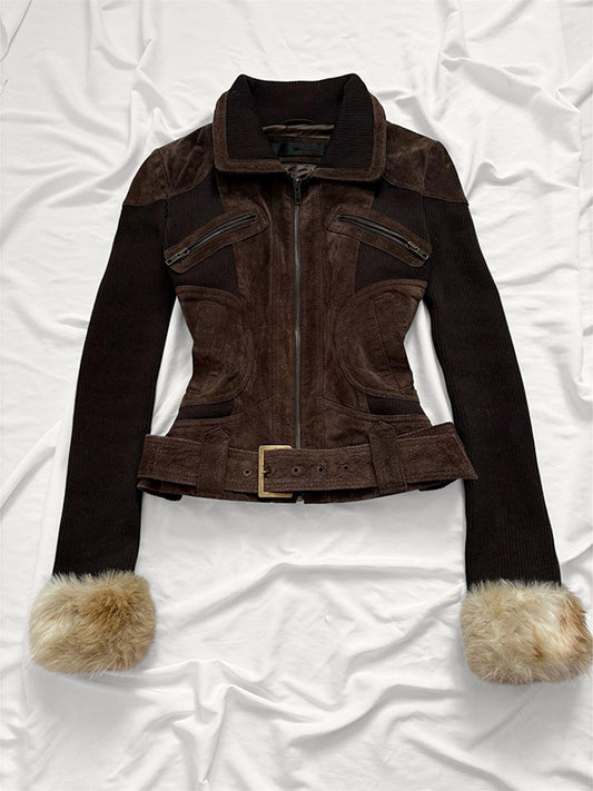brown slim zipper jacket