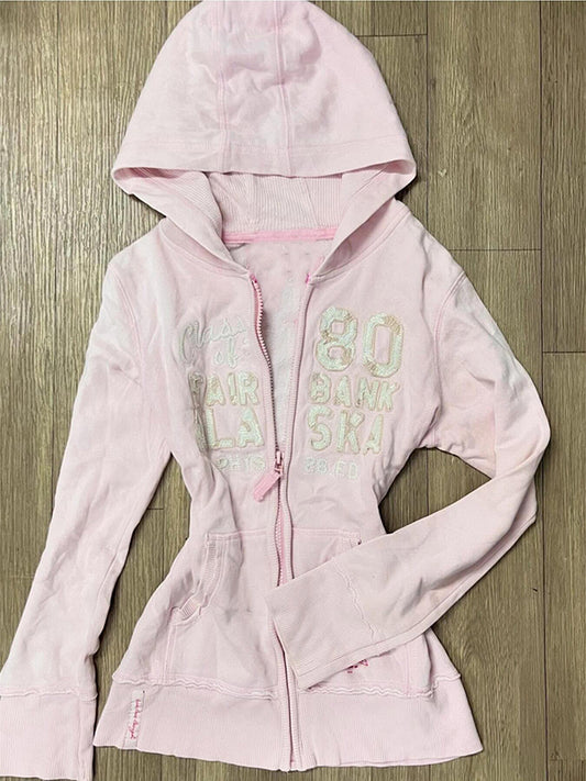 pink letter hooded sweatshirt jacket