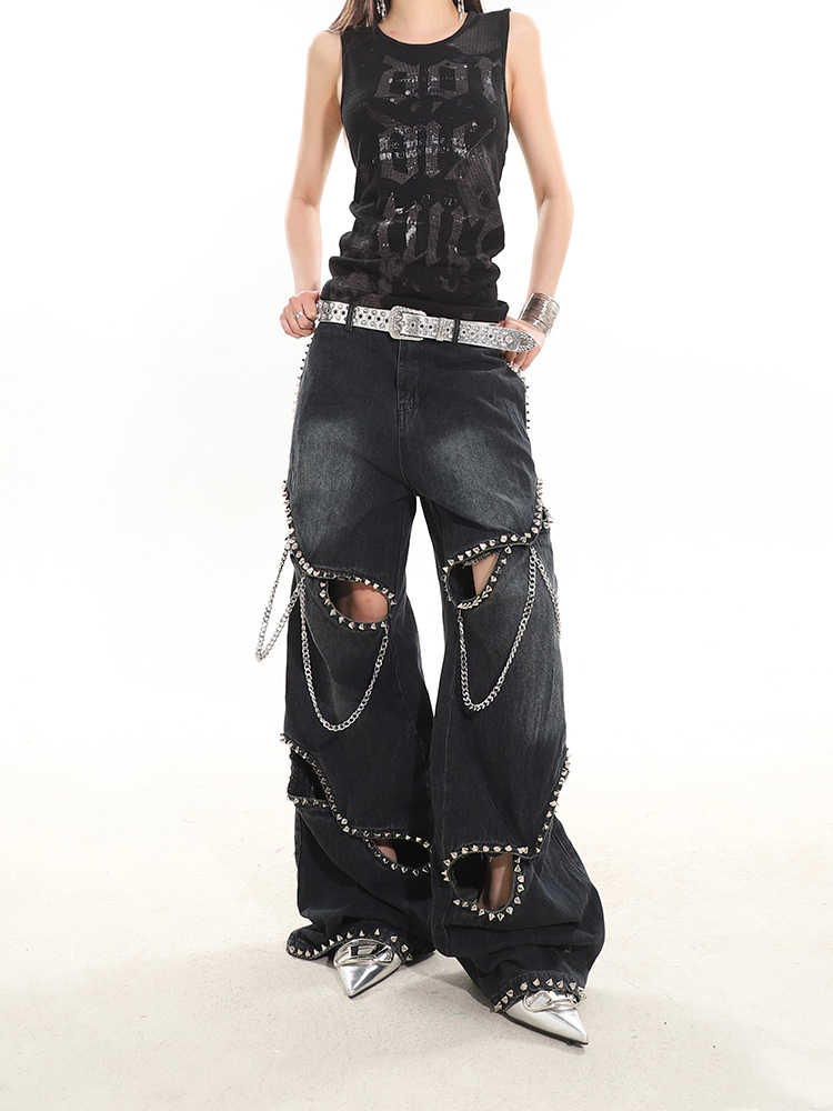 Rivet Chain Hollow Bell Bottom Jeans