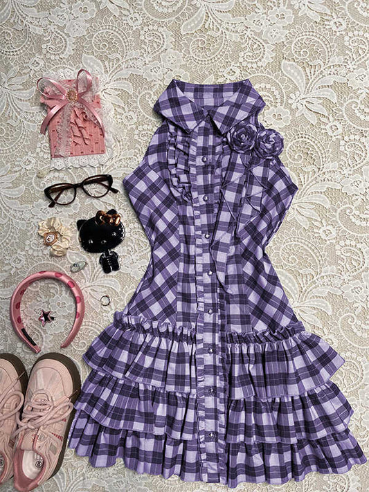 Purple Rose Plaid Shirt Dress