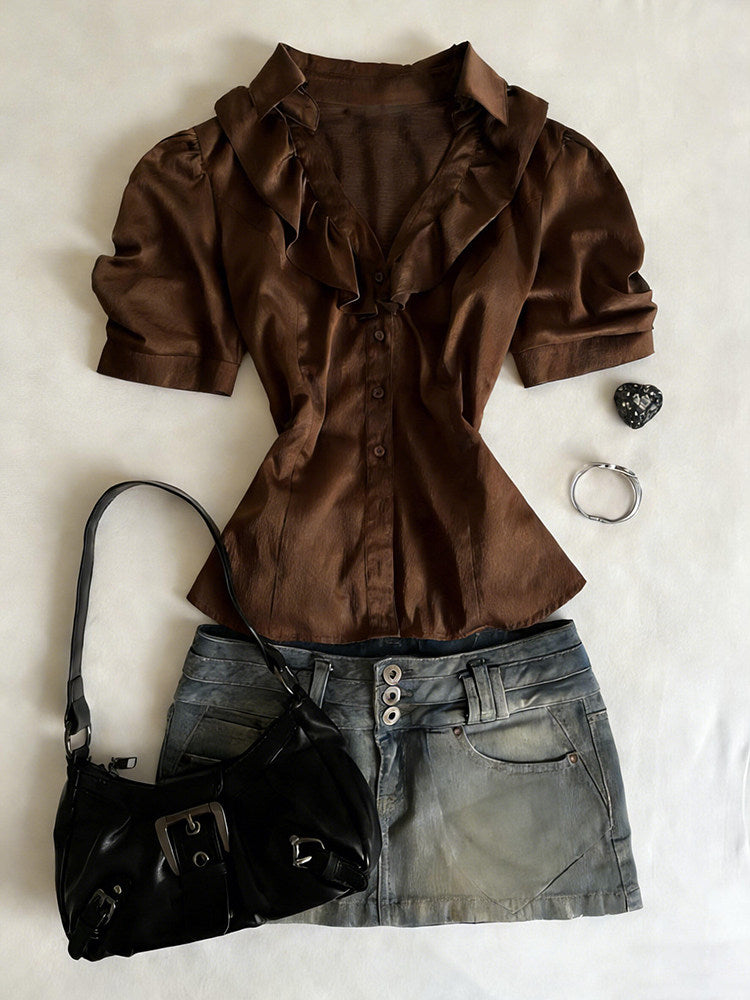 brown ruffled retro shirt