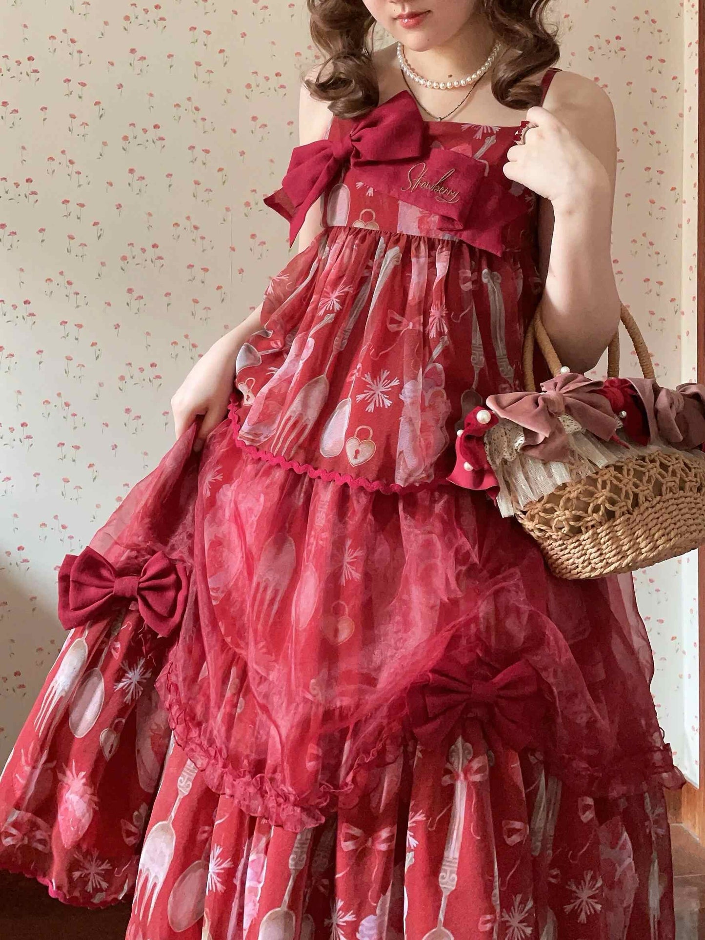 Burgundy Lolita Mesh Bows Lolita Dress