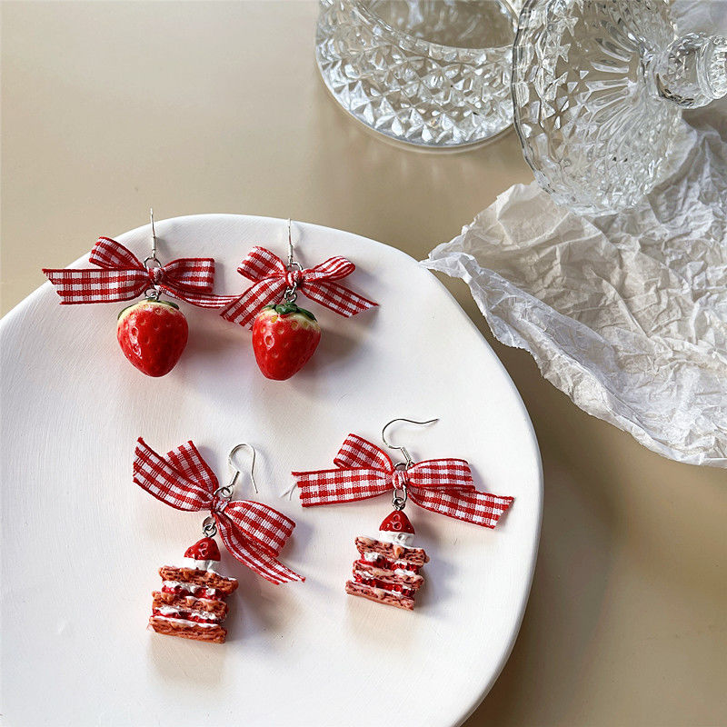 bow strawberry kawaii earrings