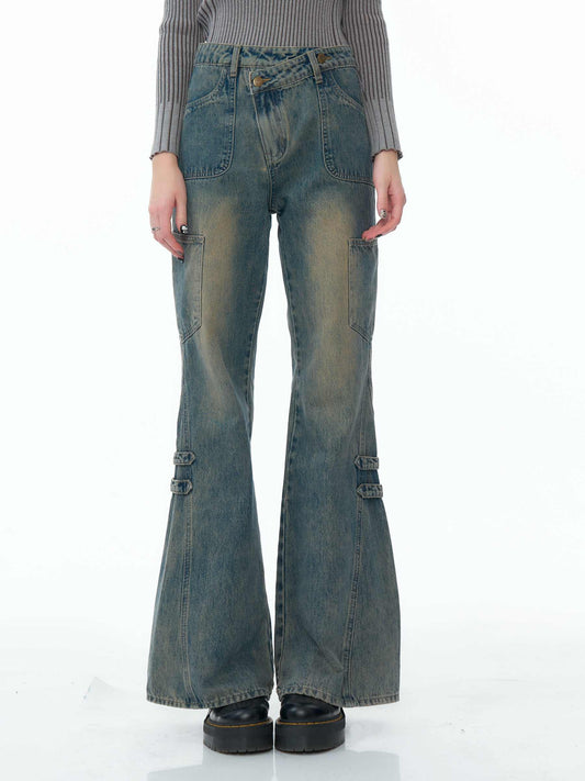 Retro Structure Wide-leg Washed Blue Jeans