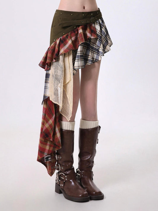 Plaid Patchwork Asymmetrical Mini Skirt