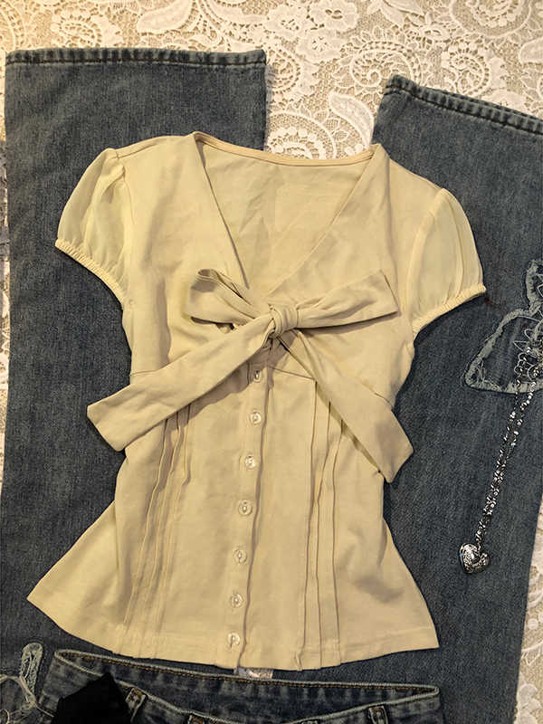Yellow Bow Tie V-neck T-shirt