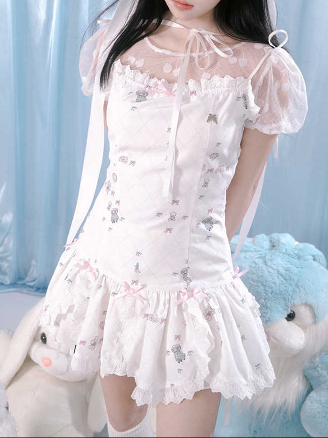 Jacquard Lace Mesh Puff-sleeve Top