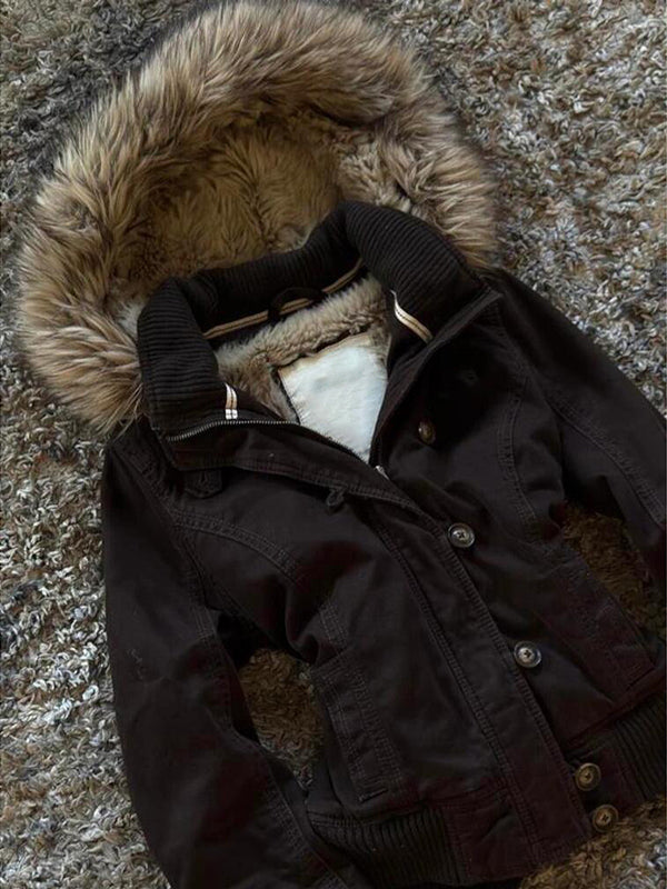 retro brown hooded fur collar jacket