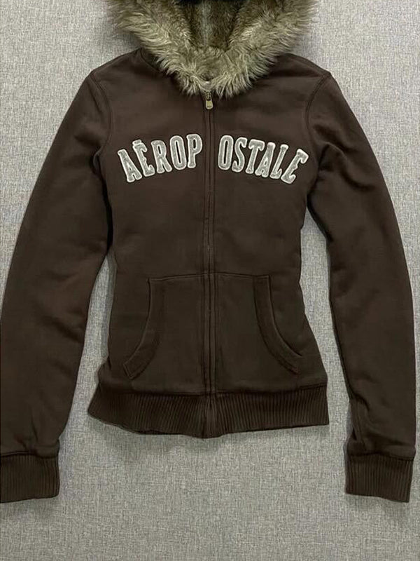 Brown Letter Fleece-Lined Hooded Jacket