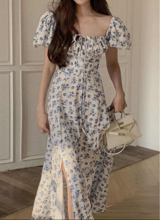 French Retro Blue Floral Maxi Dress