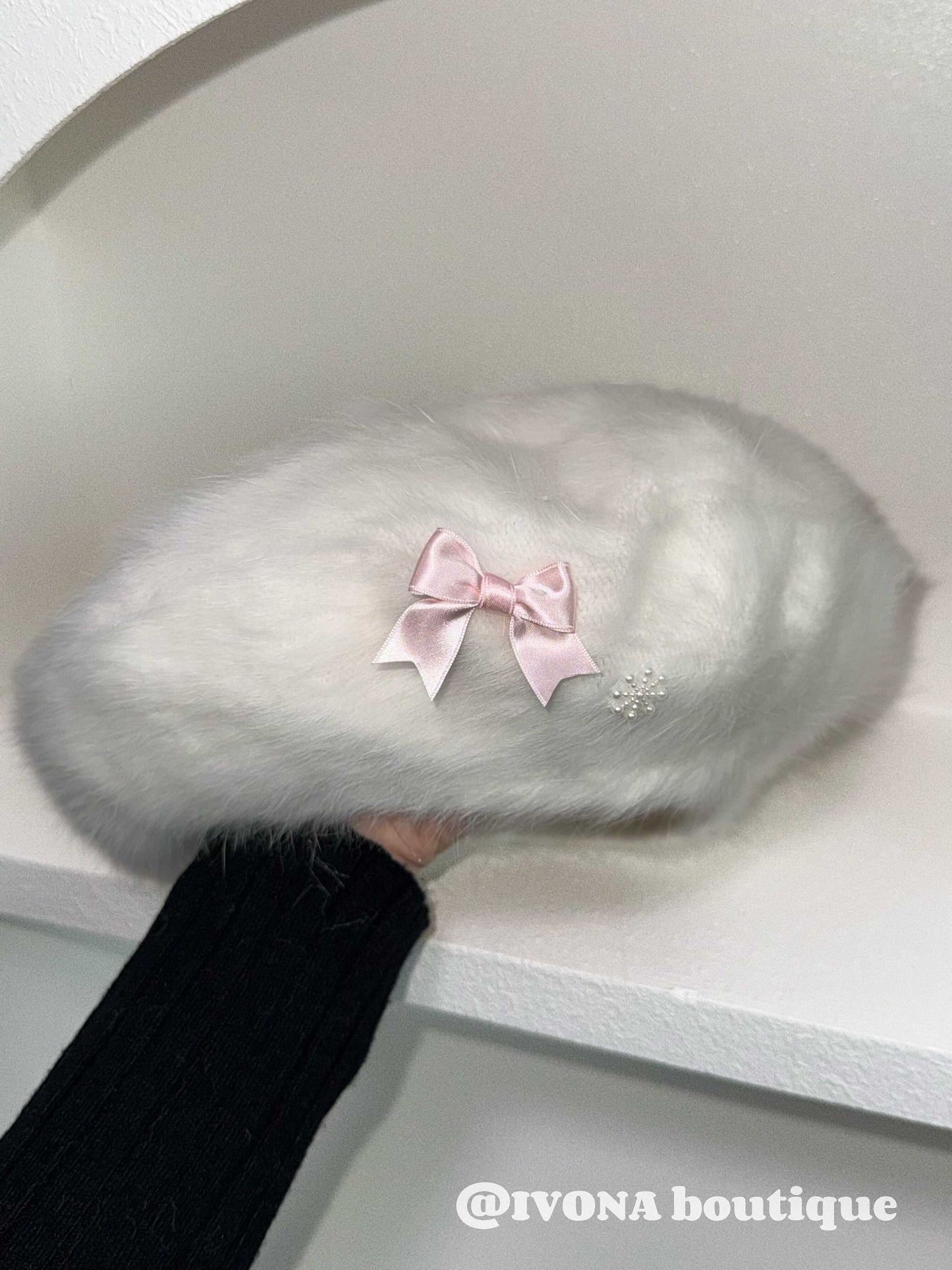 bow white fur kawaii hat