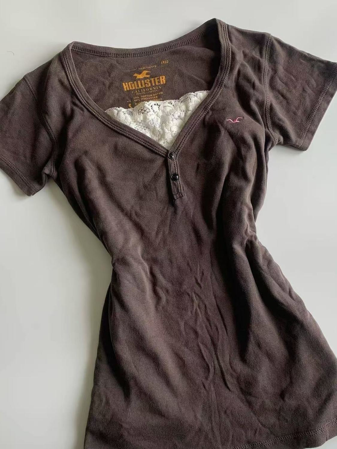 retro V-neck vintage fake two-piece T-shirt