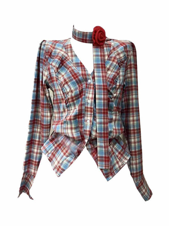 Retro Plaid V-neck Shirt Puffy Cake Skirt