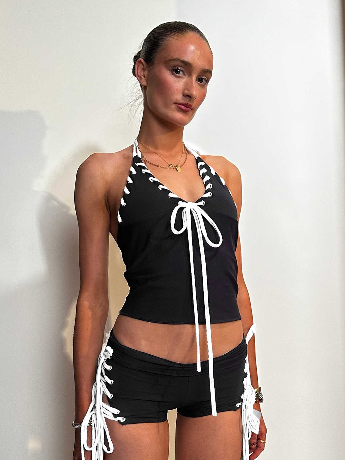 Strap Bow Sporty V-neck Vest Coord