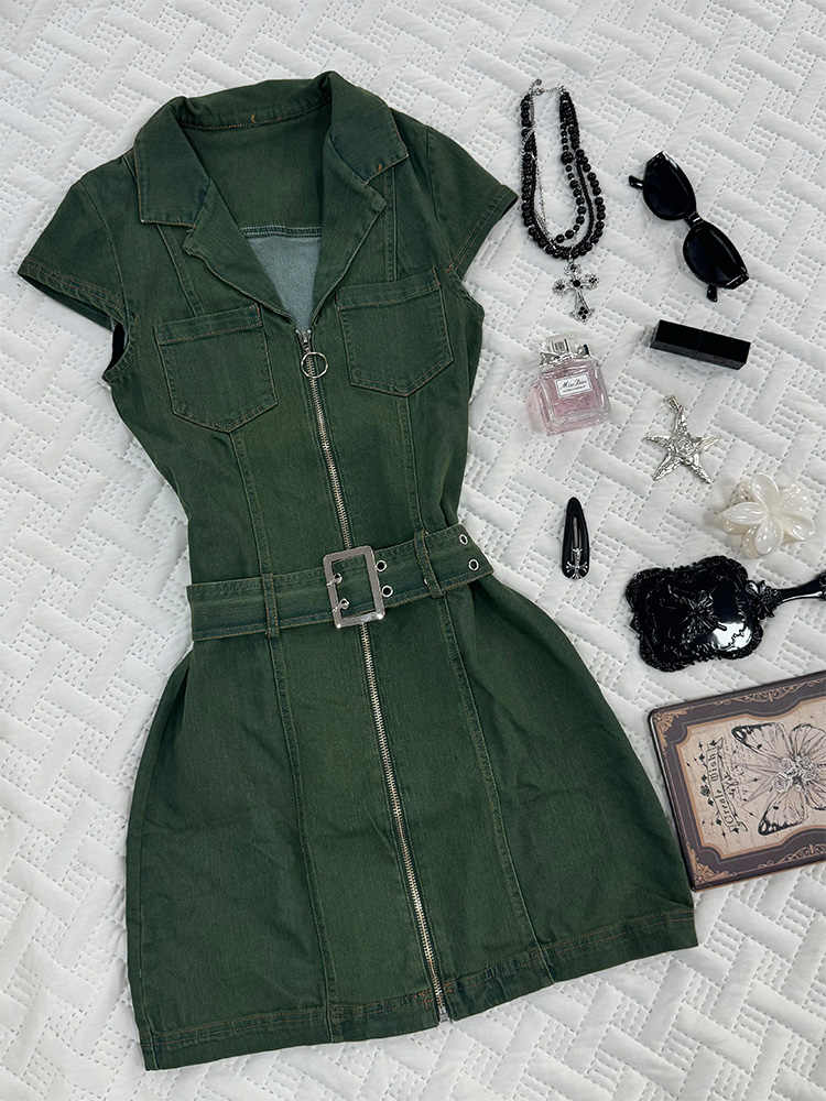 Retro Green Denim Dress