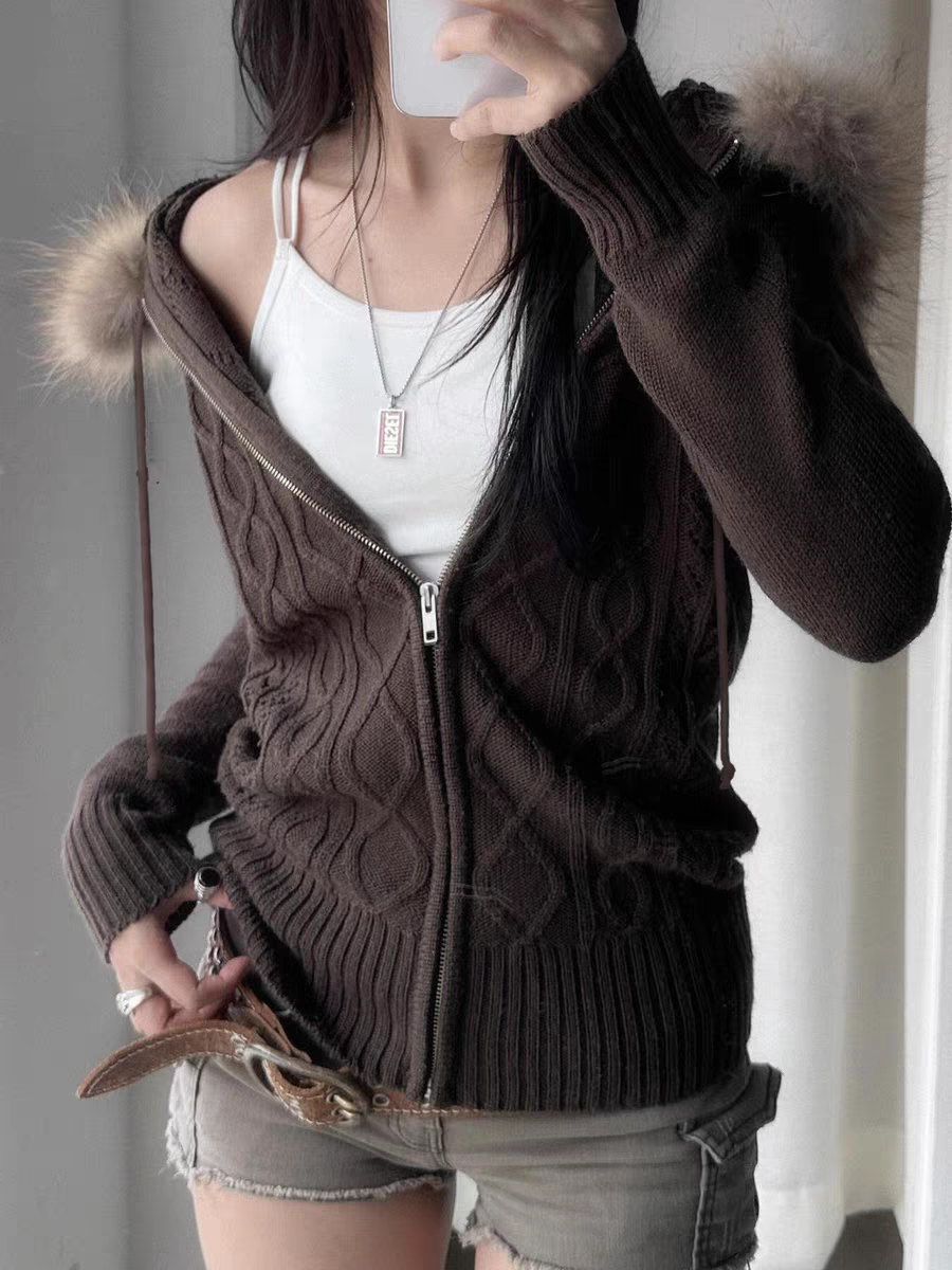 Retro twist hooded zipper knitted cardigan
