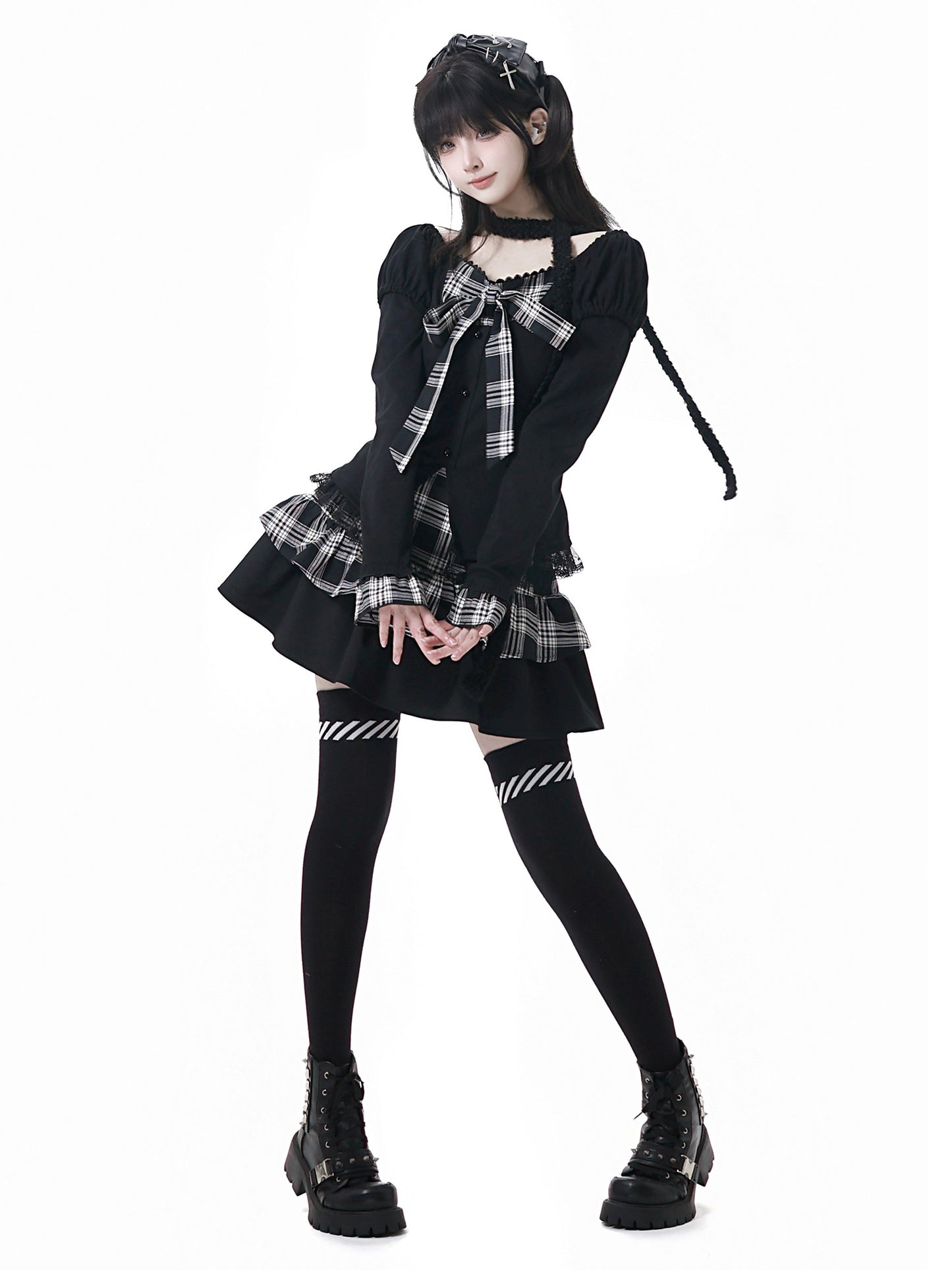 dark coquette plaid bow coord