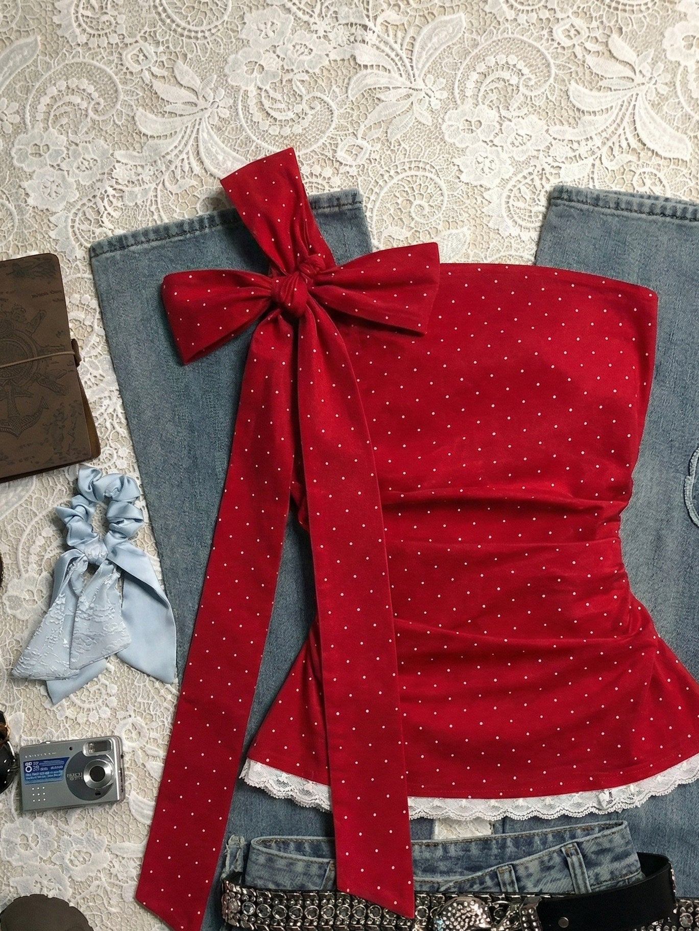 red off-shoulder strap crop top