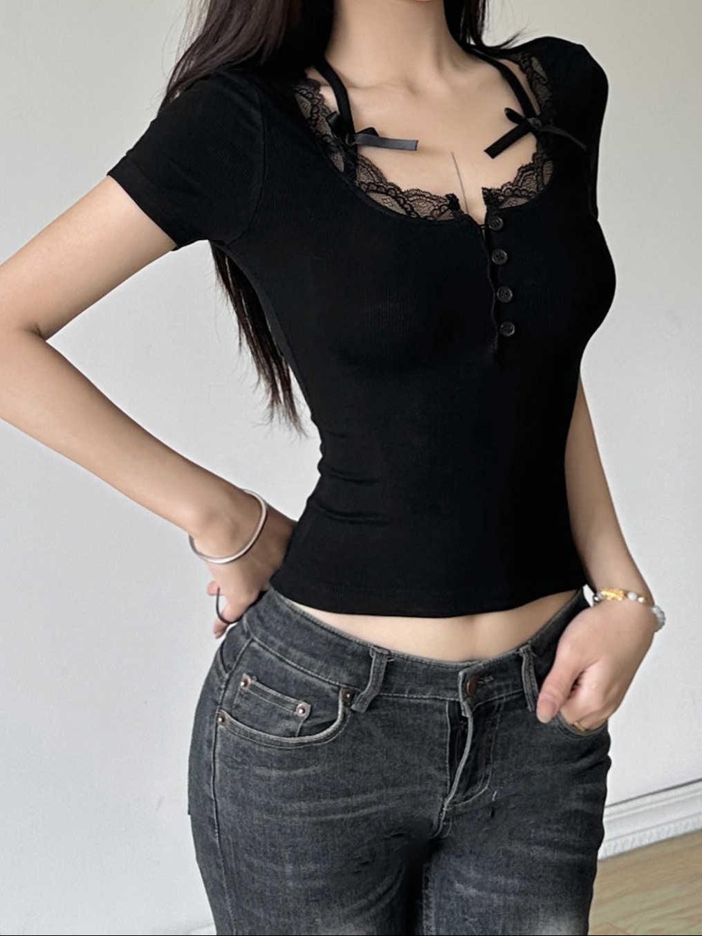 Bow Strap Lace Dark Coquette Shirt